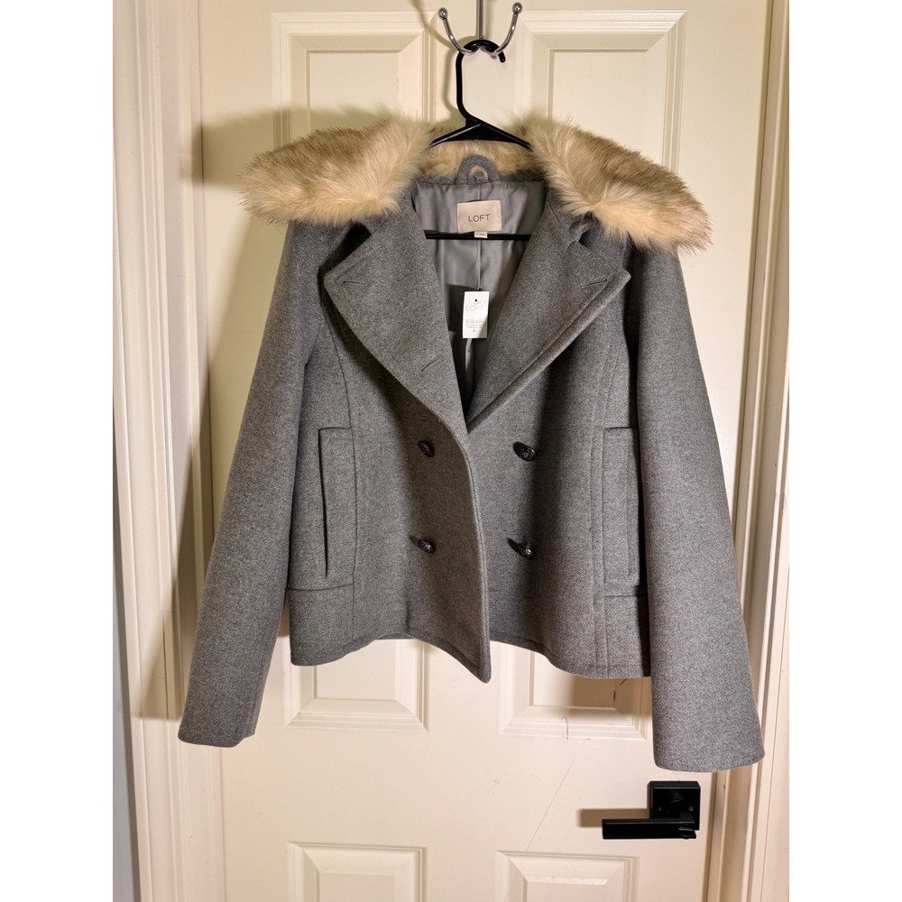 LOFT Faux Fur Collar Wool Blend Peacoat M New With Tags - Picture 2 of 9
